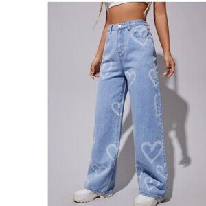 Women's Baggy Heart Stamp Print High Waist Wide Leg Denim JEans Y2K 28" Waist